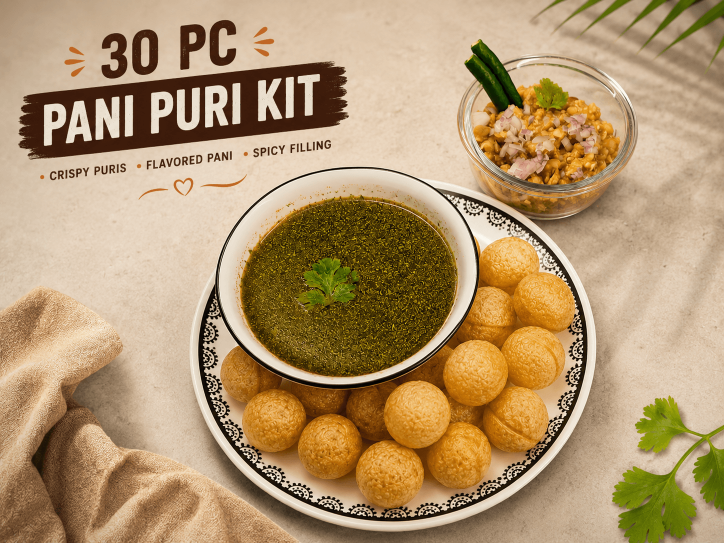 A pani puri party kit laid out — a tray of crisp golden puris with bowls of chilled pani and spiced filling.